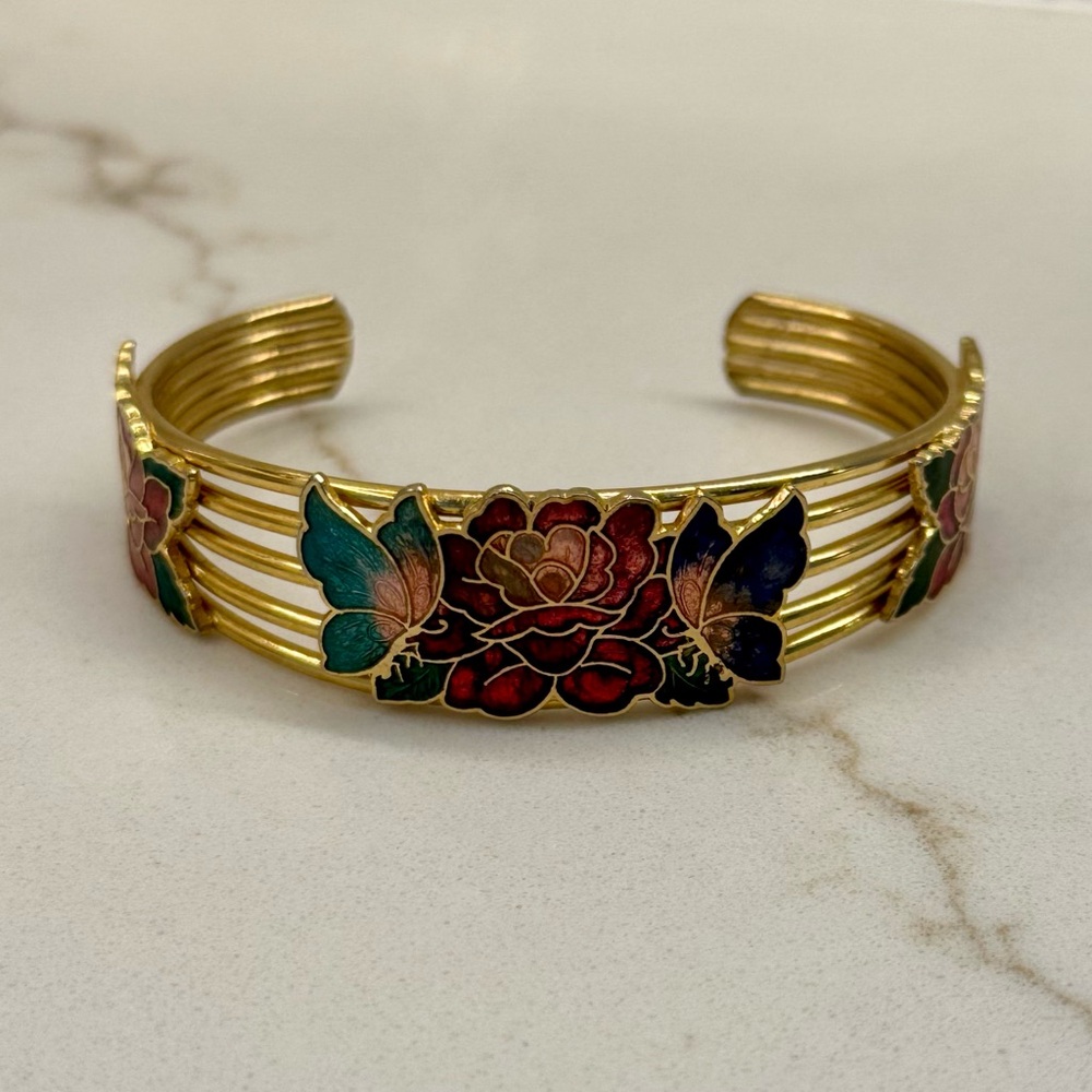 Vintage Rose and Butterfly Enamel Gold Cuff Bracelet